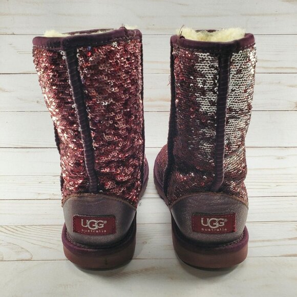 UGG Sparkling Sequins Burgundy Silver Grey Classic Short Boots Size 6 SN 1002978 - Picture 6 of 12